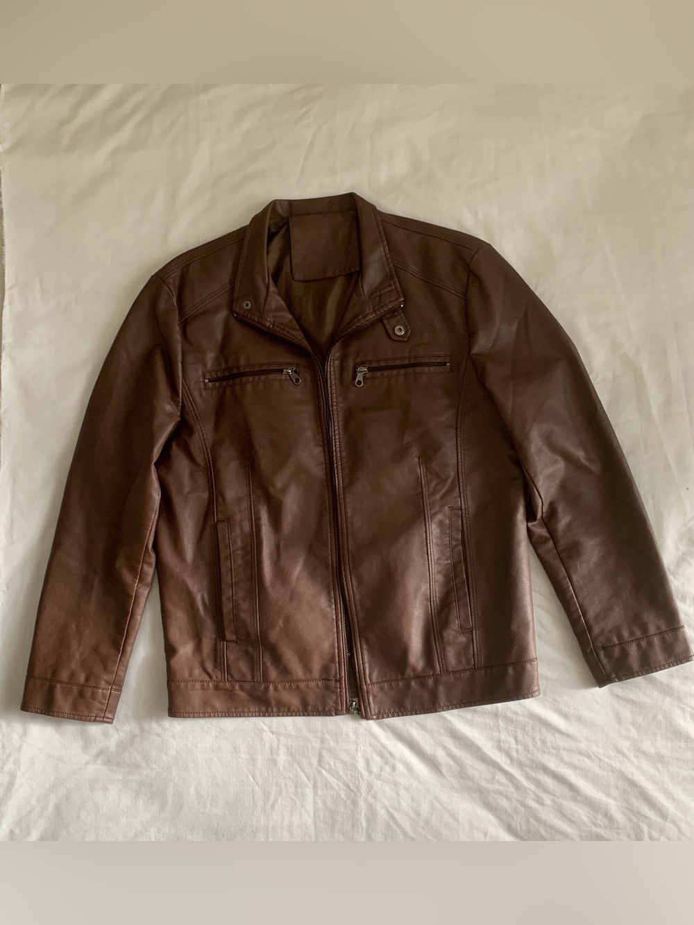 Zara Men's Cafe Racer Leather Moto Jacket - Chocolate Brown - S (Fits M)